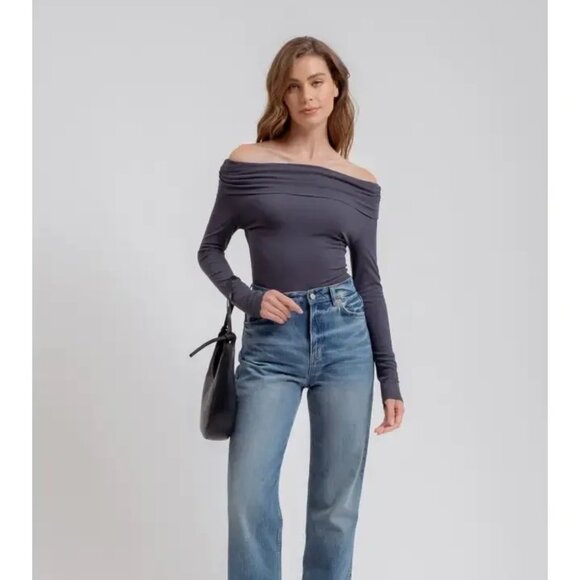 ($9) Off the Shoulder Foldover Long Sleeve Knit Top - Picture 3 of 4